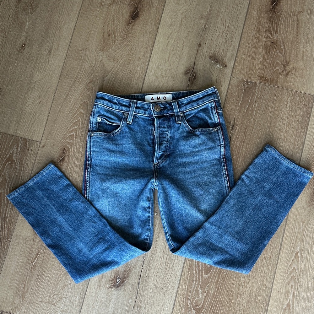 AMO women’s jeans, babe W/piping dark vintage sz 25 X 23 button fly